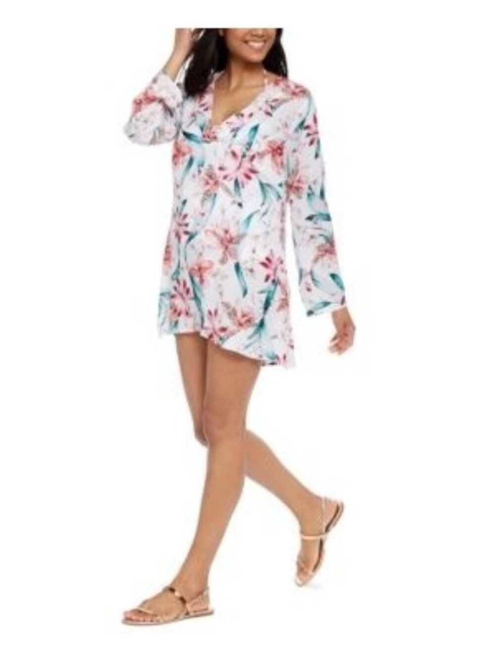 La Blanca Floral-Print Long-Sleeve Tunic Cover-Up Dress White Multi S New